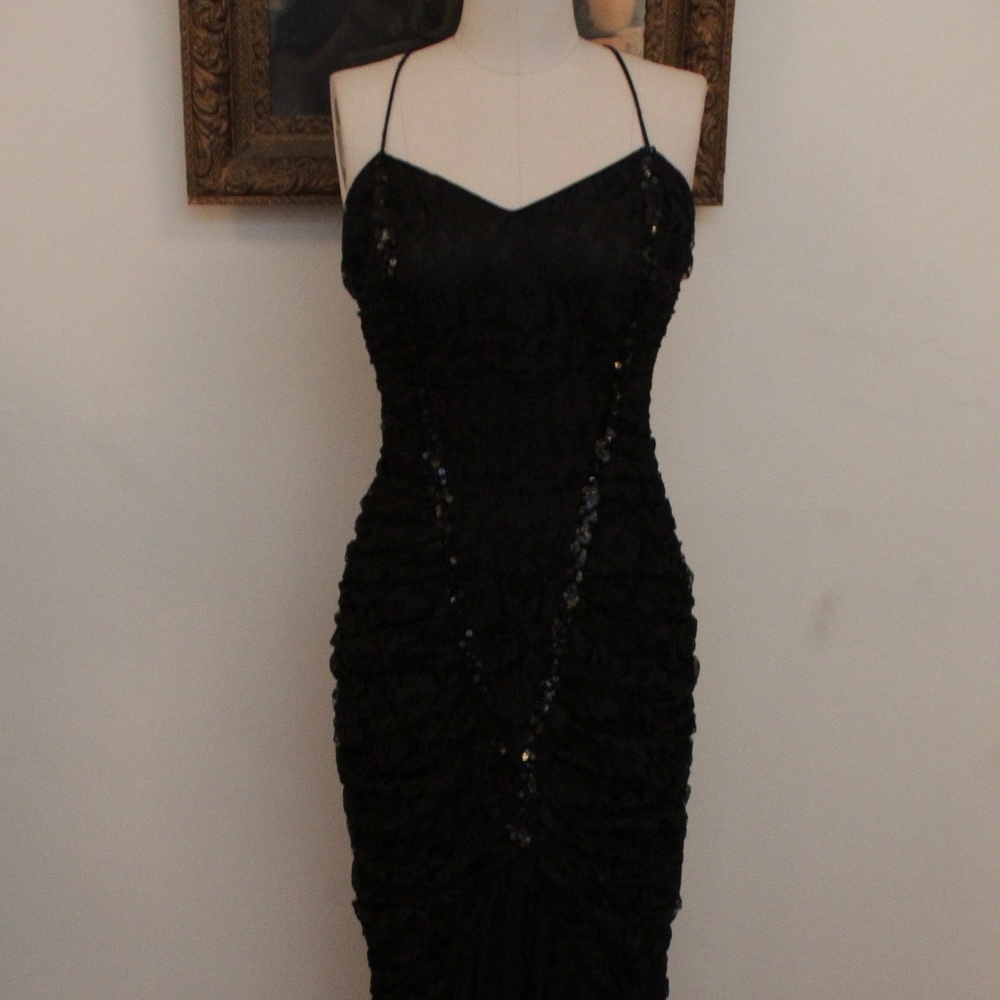 1980's Black Lace Sequinned Mermaid Cut Evening Gown Prom Dress